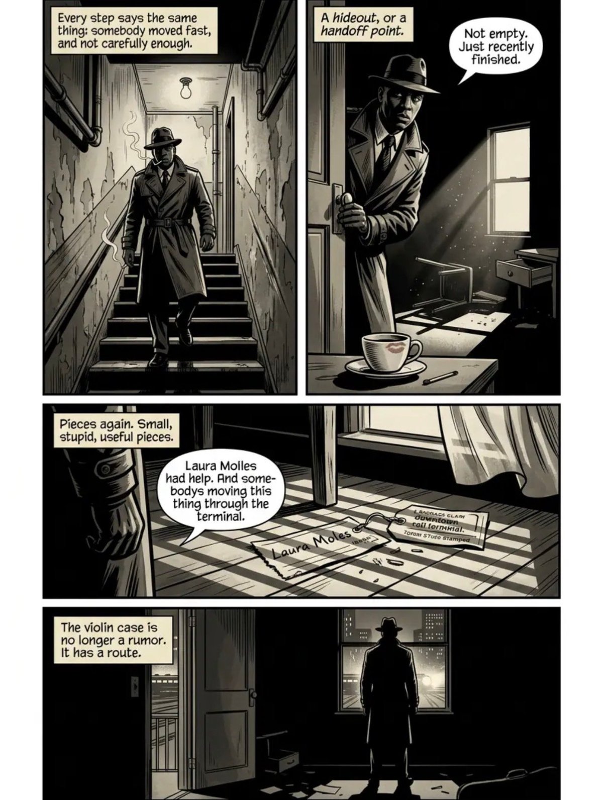 Black and white comic panel noir detective story with man in fedora investigating clues and following a lead on Laura Molles