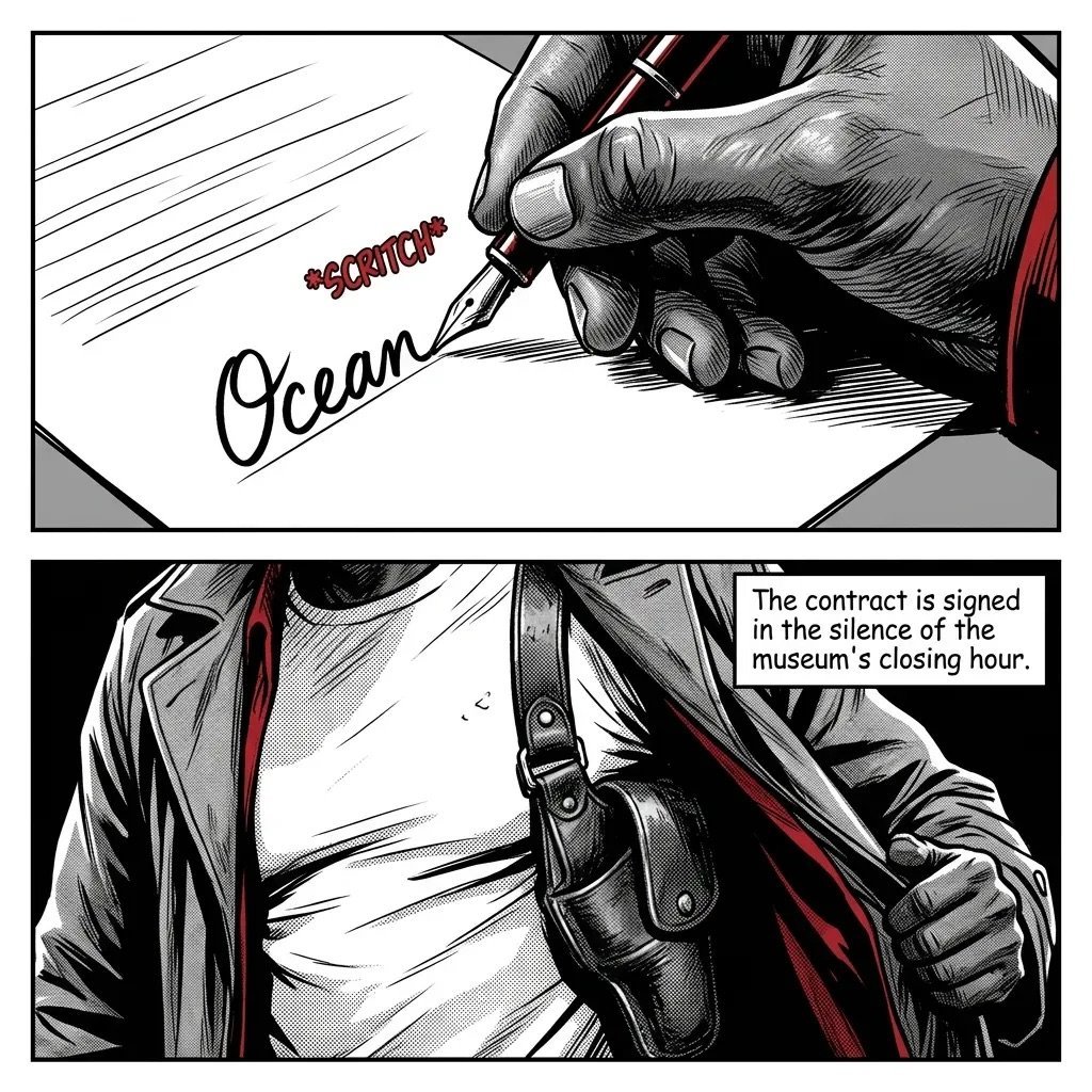 Comic panels showing a hand signing a document labeled Ocean with a pen, followed by dialogue about a contract signed in the museums closing hour.