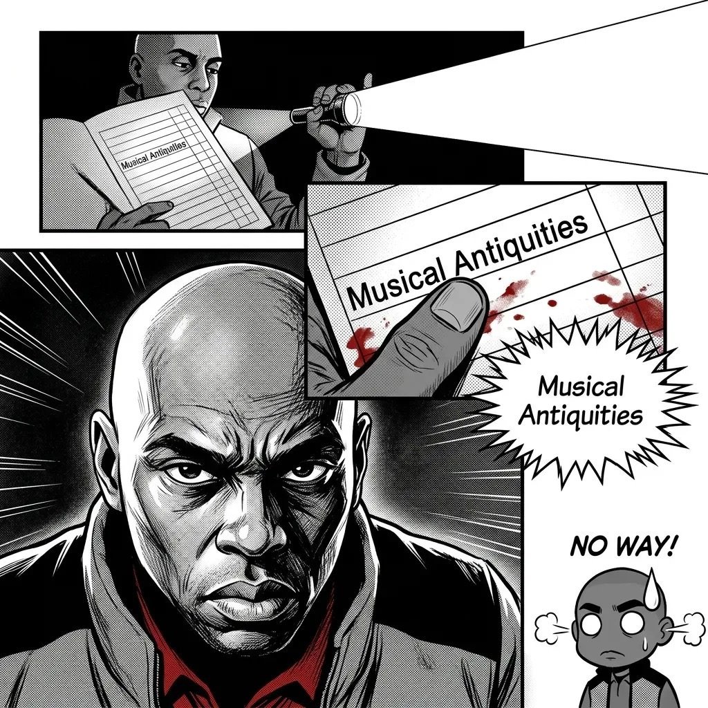 Manga-style comic panels showing a man pointing a gun at another holding a Musical Antiquities document, with an angry man below saying NO WAY