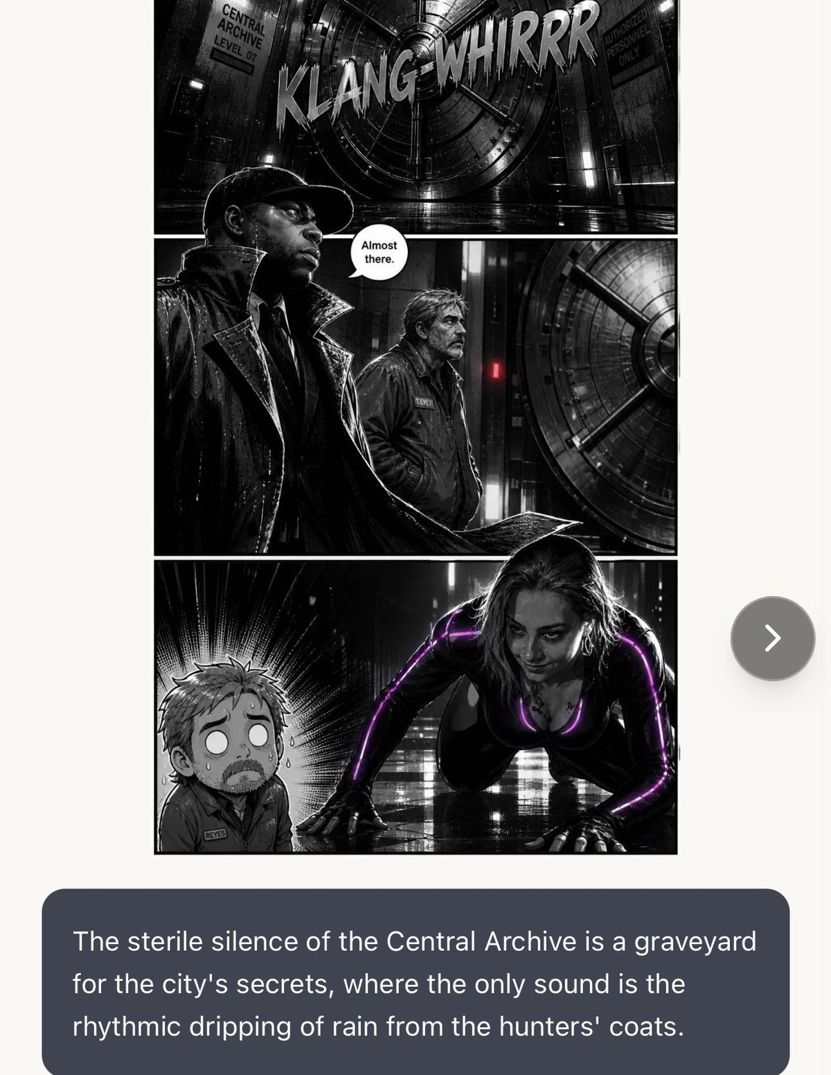 Black and white comic panel showing characters in a dystopian archive setting with neon purple lighting and sound effect text