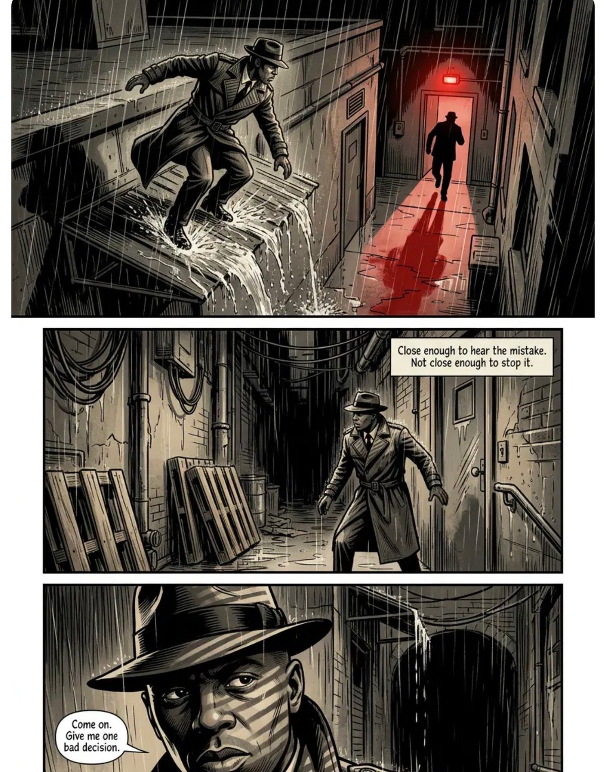 Film noir comic panels showing a man in a fedora and coat evading pursuit through rainy streets and dark corridors, with dramatic shadows and dialogue.