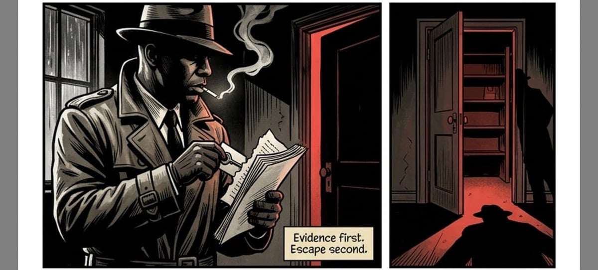 Noir-style detective reading notes with hat and cigarette, next to silhouette entering red-lit doorway with Evidence first. Escape second. text