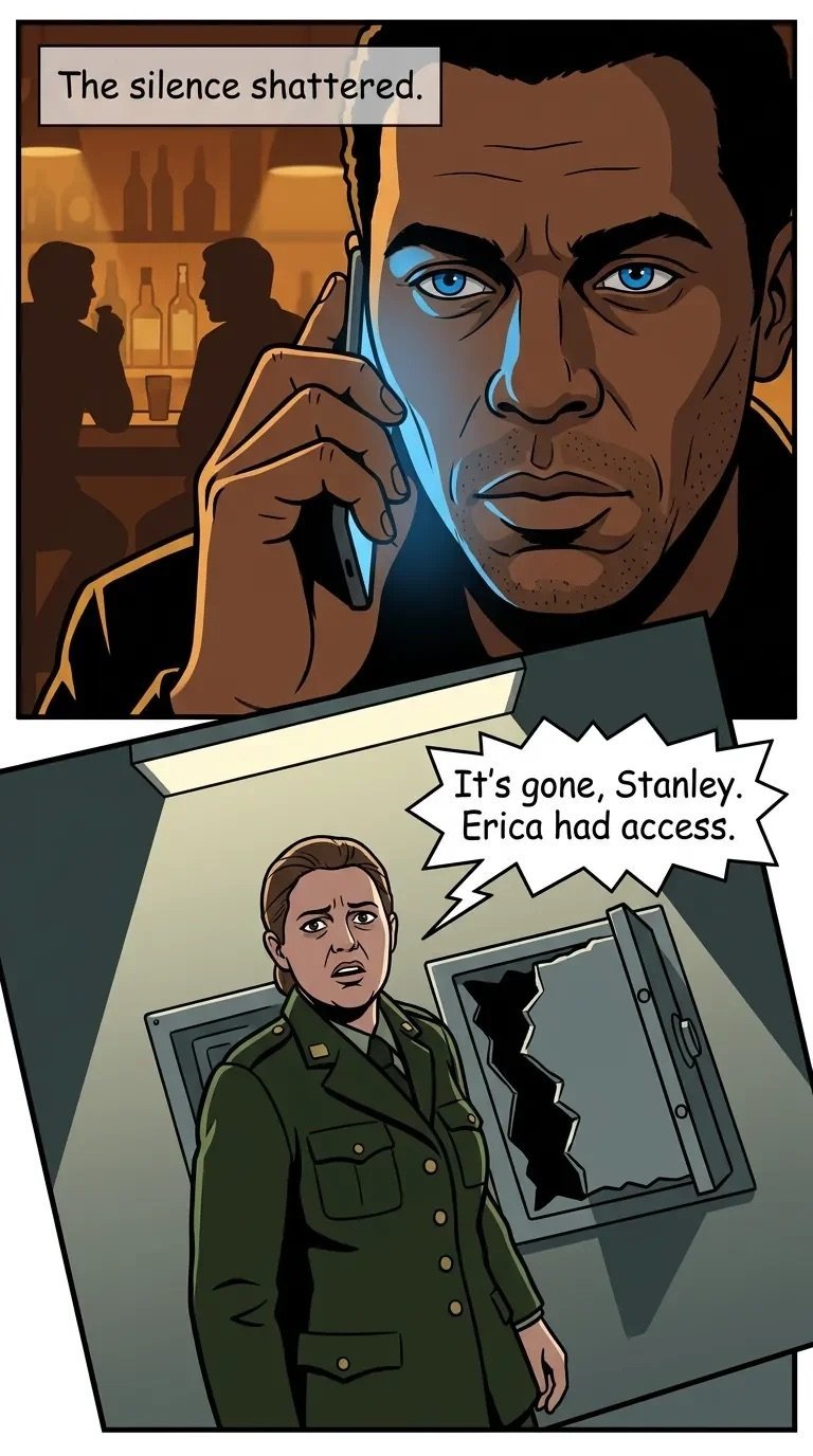 Comic panel showing a man on phone saying the silence shattered, and a woman in military uniform discovering a broken safe with message that Erica had access