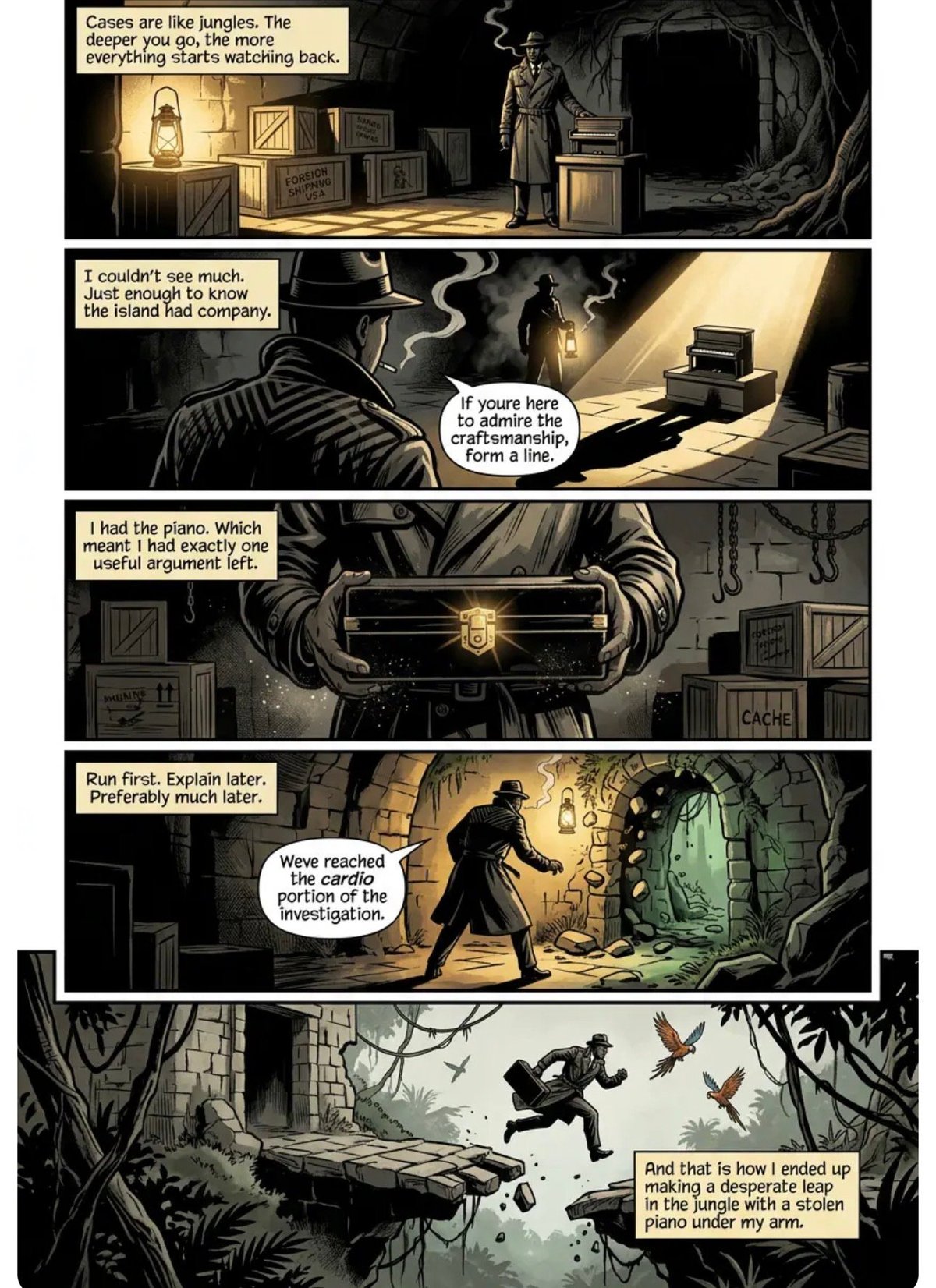 Comic strip showing a noir-style narrative about discovering a mysterious piano artifact and chasing it through a jungle, ending with a fall