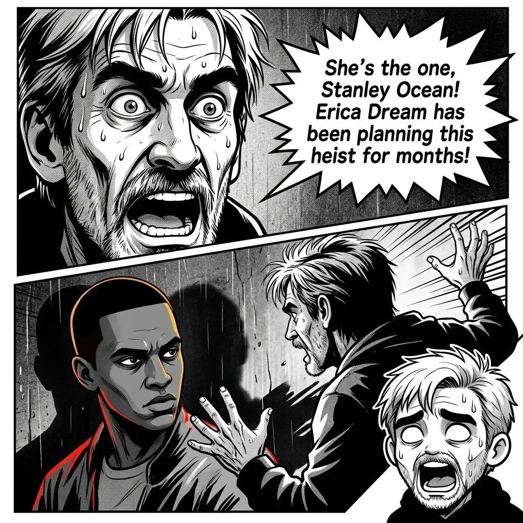 Black and white manga panel showing excited characters discussing a heist plan, with one wearing red highlighted in the lower panel