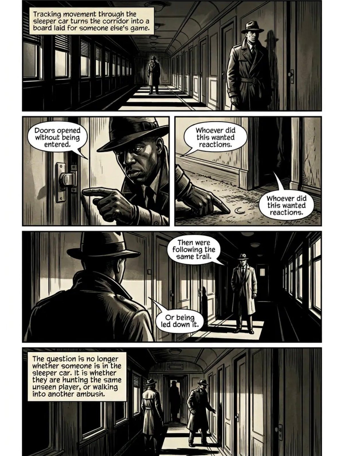 Film noir comic strip showing detectives investigating a mystery on a train, with dialogue revealing uncertainty about a suspects identity and location