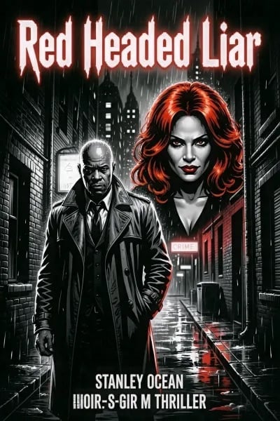 Red Headed Liar movie poster featuring a woman with red hair in red lighting and a man in a coat in a dark alley setting