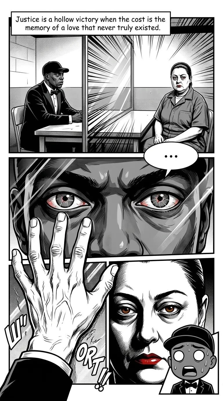 Black and white manga-style comic panel showing an interrogation scene with dramatic close-ups of faces and a raised hand gesture