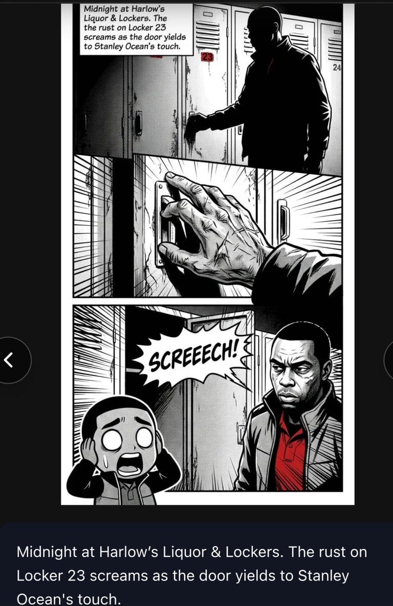 Black and white comic panel showing a man opening a rusted locker at night, with a terrified face screaming inside as another man observes.