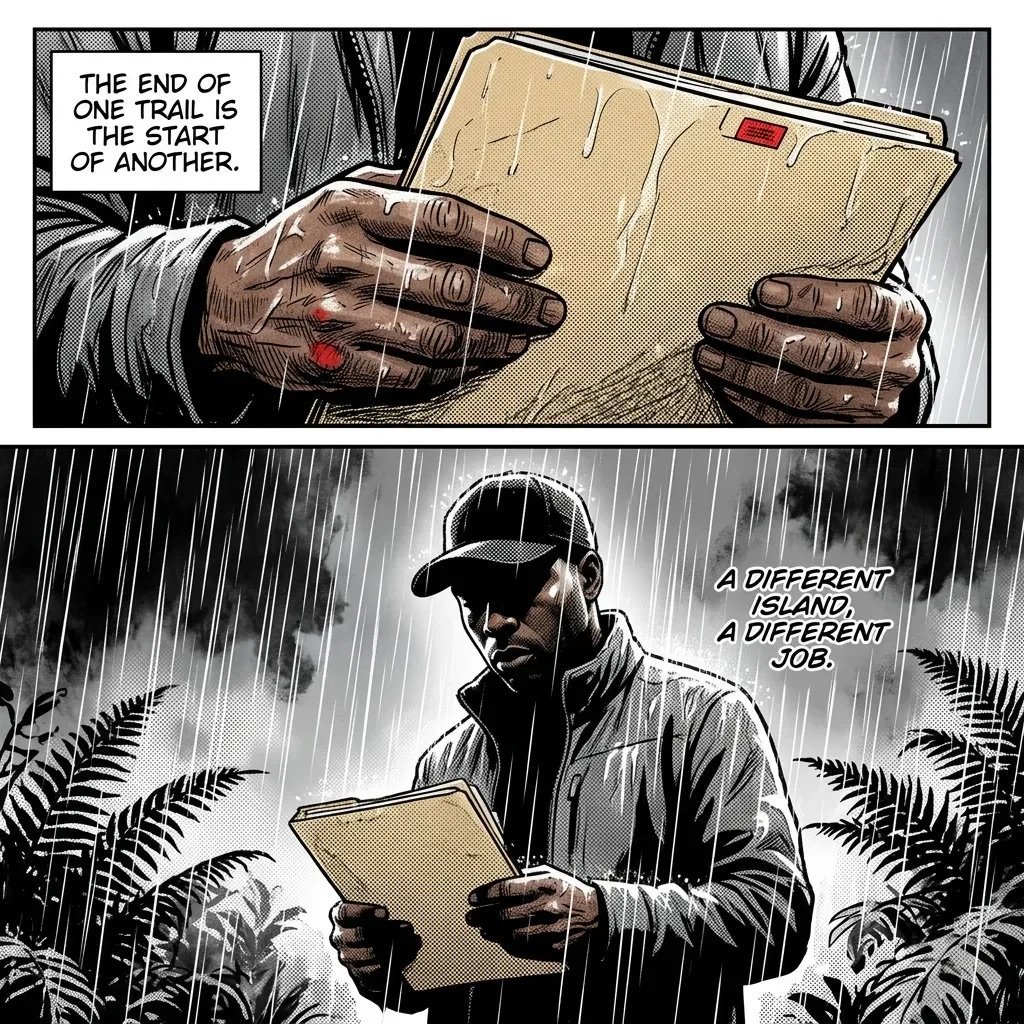 Manga panel showing hands holding an envelope with text about trails, and figure in rain with clipboard and ferns