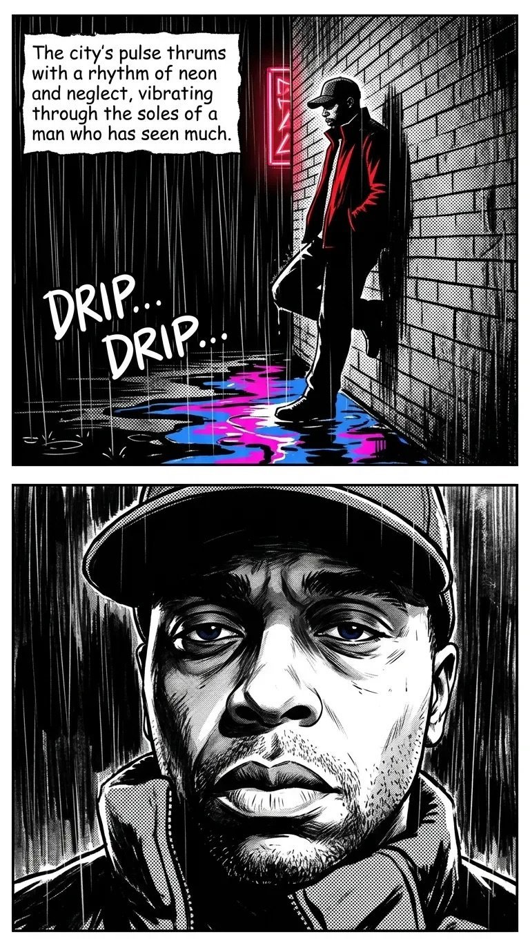 Noir comic panels showing a man in red jacket under neon sign with dripping paint, and close-up of weathered face wearing cap