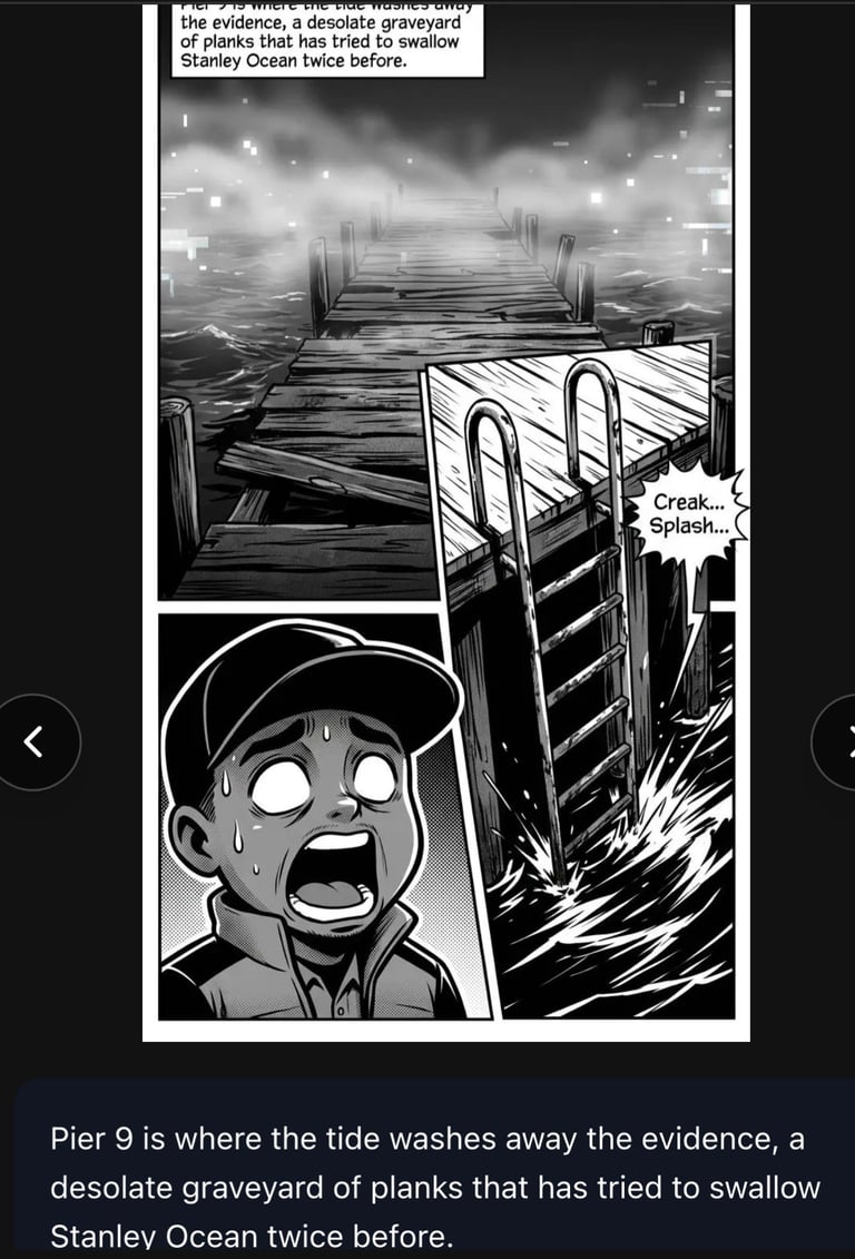 Black and white manga comic showing a character reacting in fear at a desolate pier with wooden planks and water.