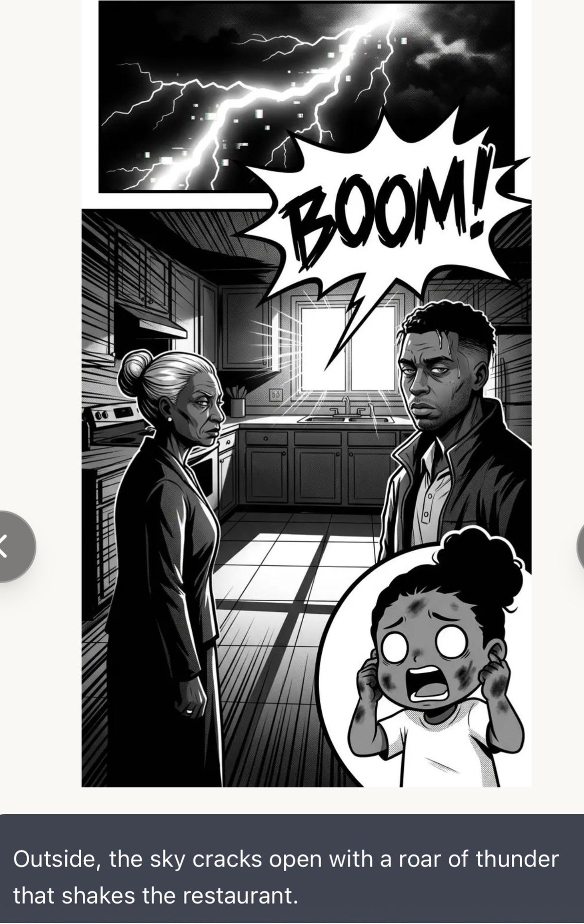 Black and white comic panel showing two adults and a scared child indoors as lightning and BOOM text appear above during a thunderstorm