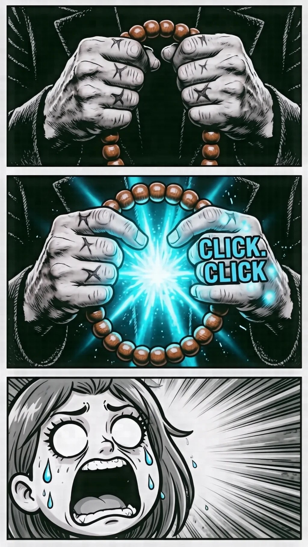 Three-panel meme: hands holding beads, then clicking them with bright light effect, then distressed face reacting