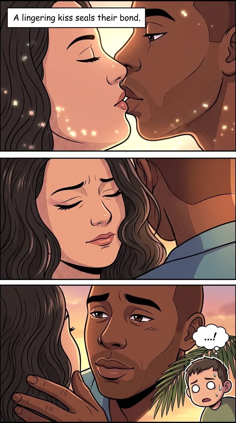 Comic strip showing a couple kissing, with text A lingering kiss seals their bond in the first panel, followed by a romantic embrace, and the final panel revealing a shocked child watching them