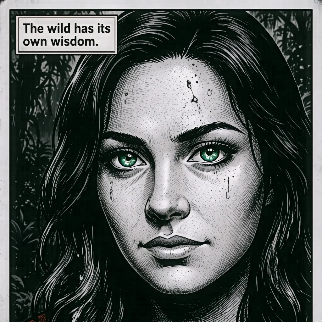 Black and white portrait of woman with striking green eyes and long dark hair, with quote The wild has its own wisdom in text box above