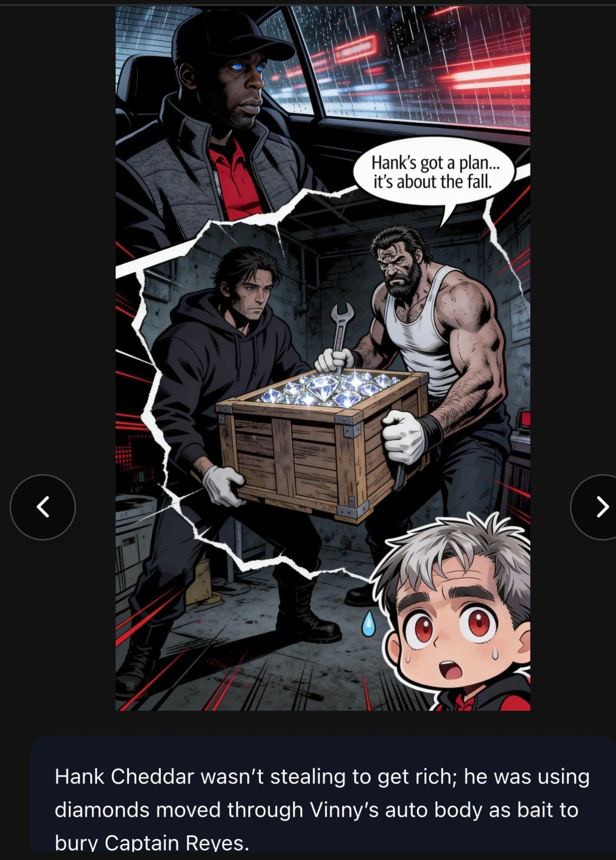 Comic panel showing three men with a treasure chest containing diamonds, with a speech bubble saying Hanks got a plan about the fall
