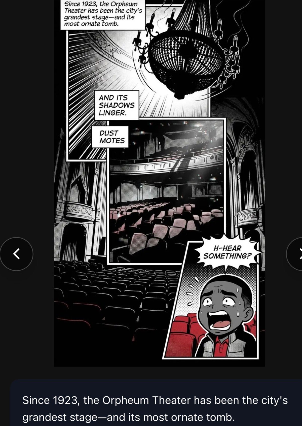 Comic panel showing a chandelier inside the Orpheum Theater with a character reacting to hearing something mysterious in the ornate historic building
