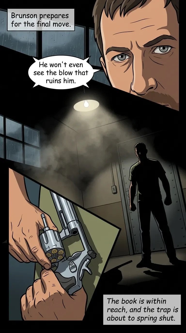 Comic panel showing Brunson preparing for a final move with a gun, while an unsuspecting target stands in a lit doorway, unaware of the impending trap.