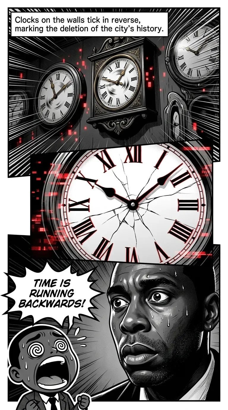 Black and white comic panel showing multiple clocks ticking in reverse with a shocked man's face and text reading Time is Running Backwards