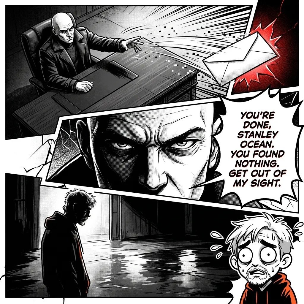 Black and white manga comic panel showing a bald man at a desk, an angry face closeup, a figure in a room, and a frightened child character with dialogue.