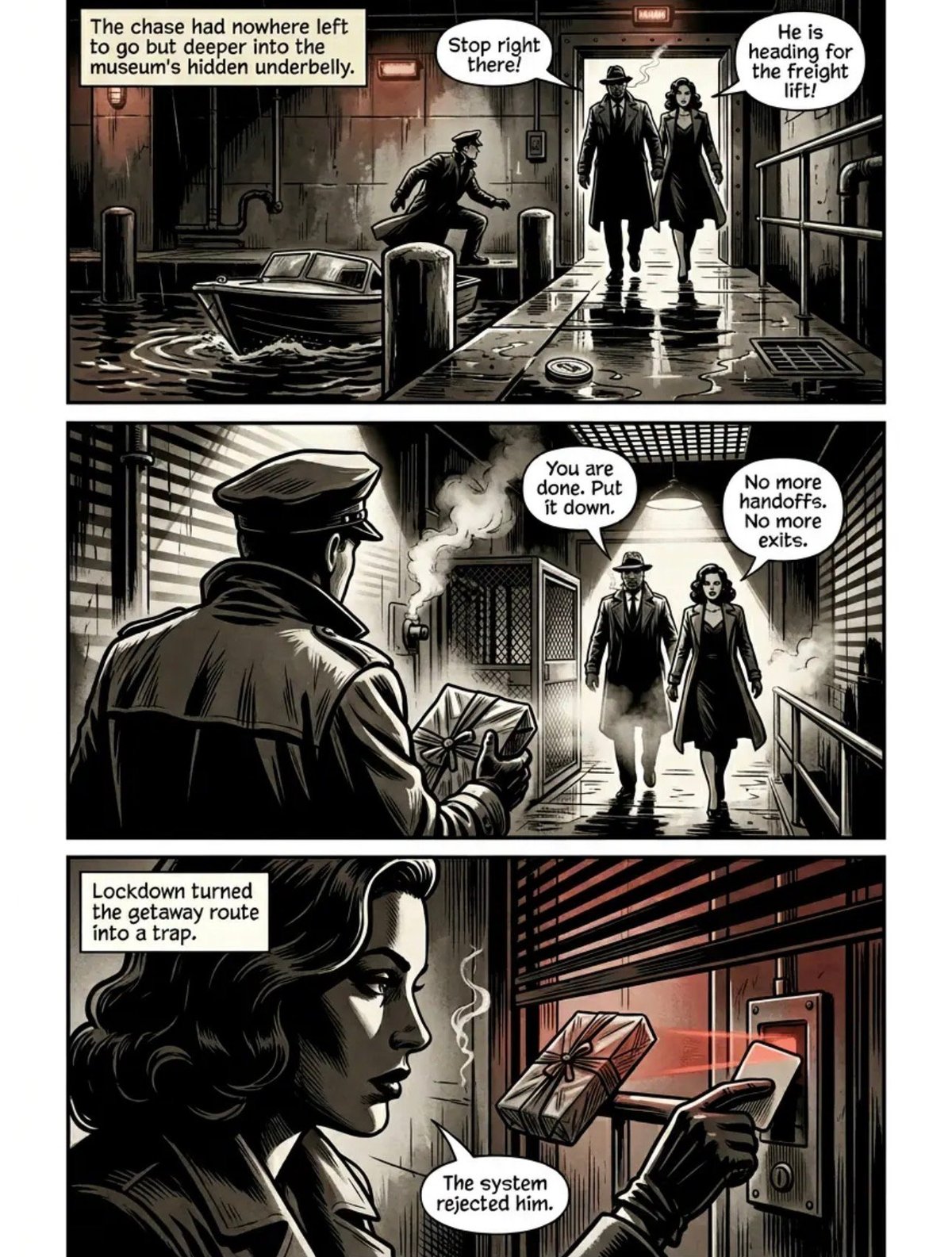 Black and white noir comic panels showing a chase sequence in a museum with security guards, a fugitive, and a woman operating a control system