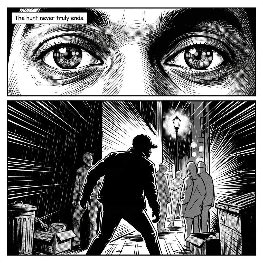 Black and white comic panel showing intense eyes at top and a man in a cap confronting figures on a street below, with text The hunt never truly ends