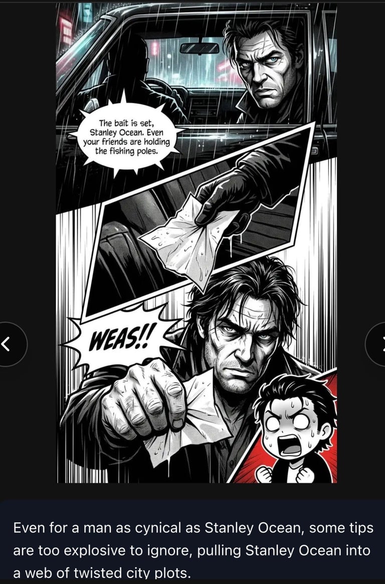 Black and white comic panel showing men in a car with fishing rods and dialogue about bait and tips