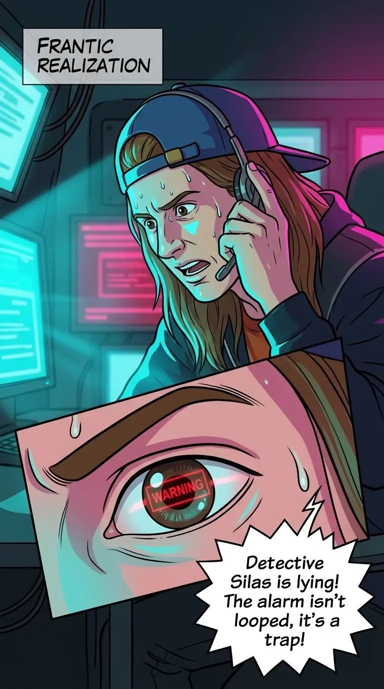 Comic panel showing a shocked person with headphones in neon cyan and pink lighting, holding an image with a warning eye, discovering Detective Silas is lying about an alarm being a trap