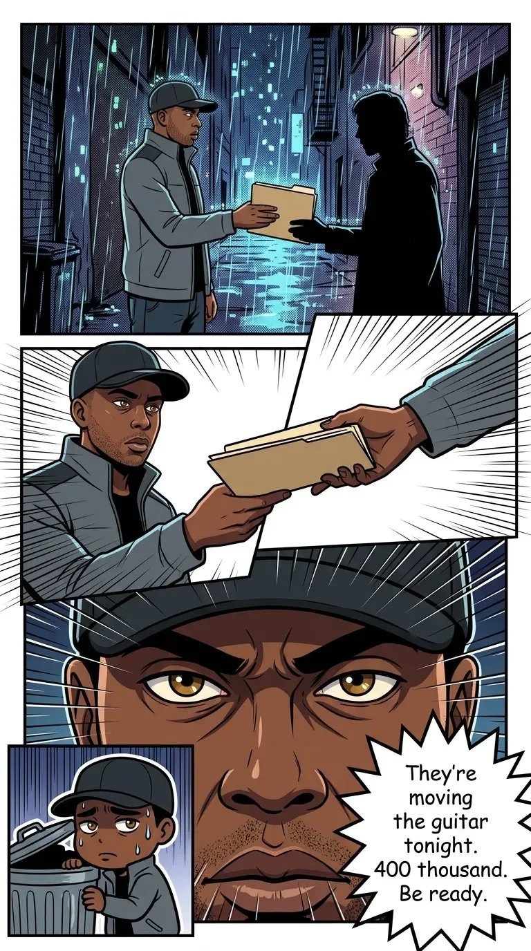 Comic panel showing delivery of mysterious box at night in urban setting with characters intense reaction and dialogue about moving guitar for 400 thousand