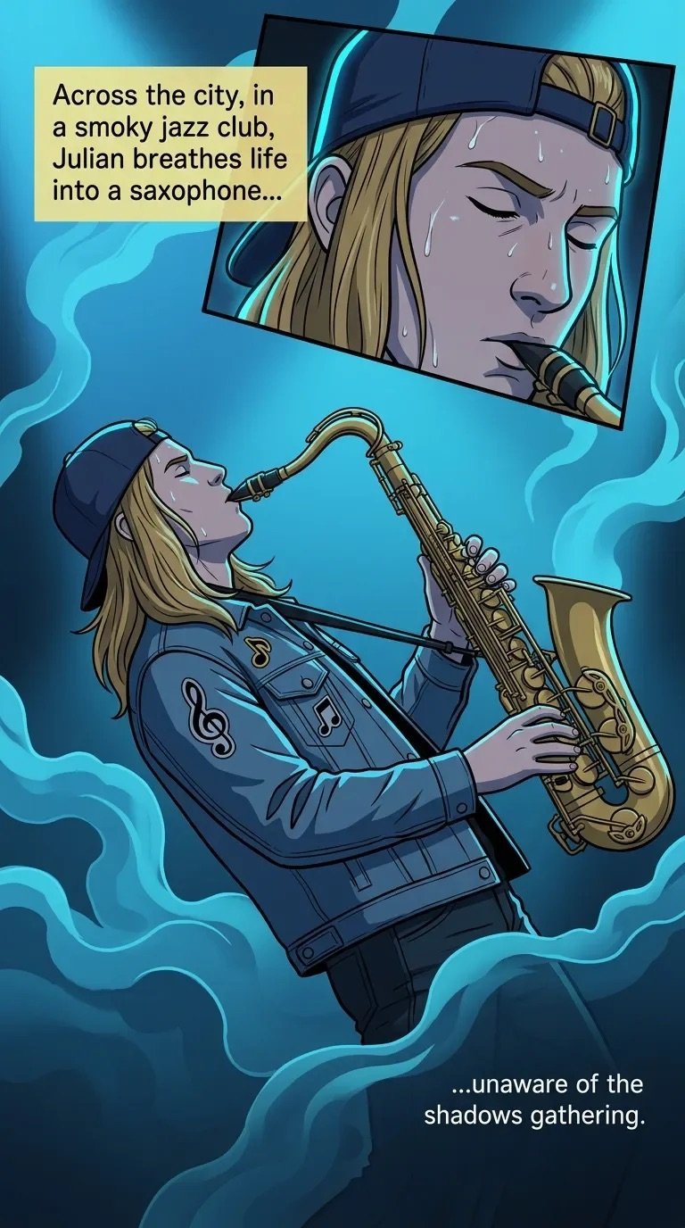 Illustrated comic panel showing a woman playing saxophone in a jazz club with mystical blue smoke, with a close-up of her face above