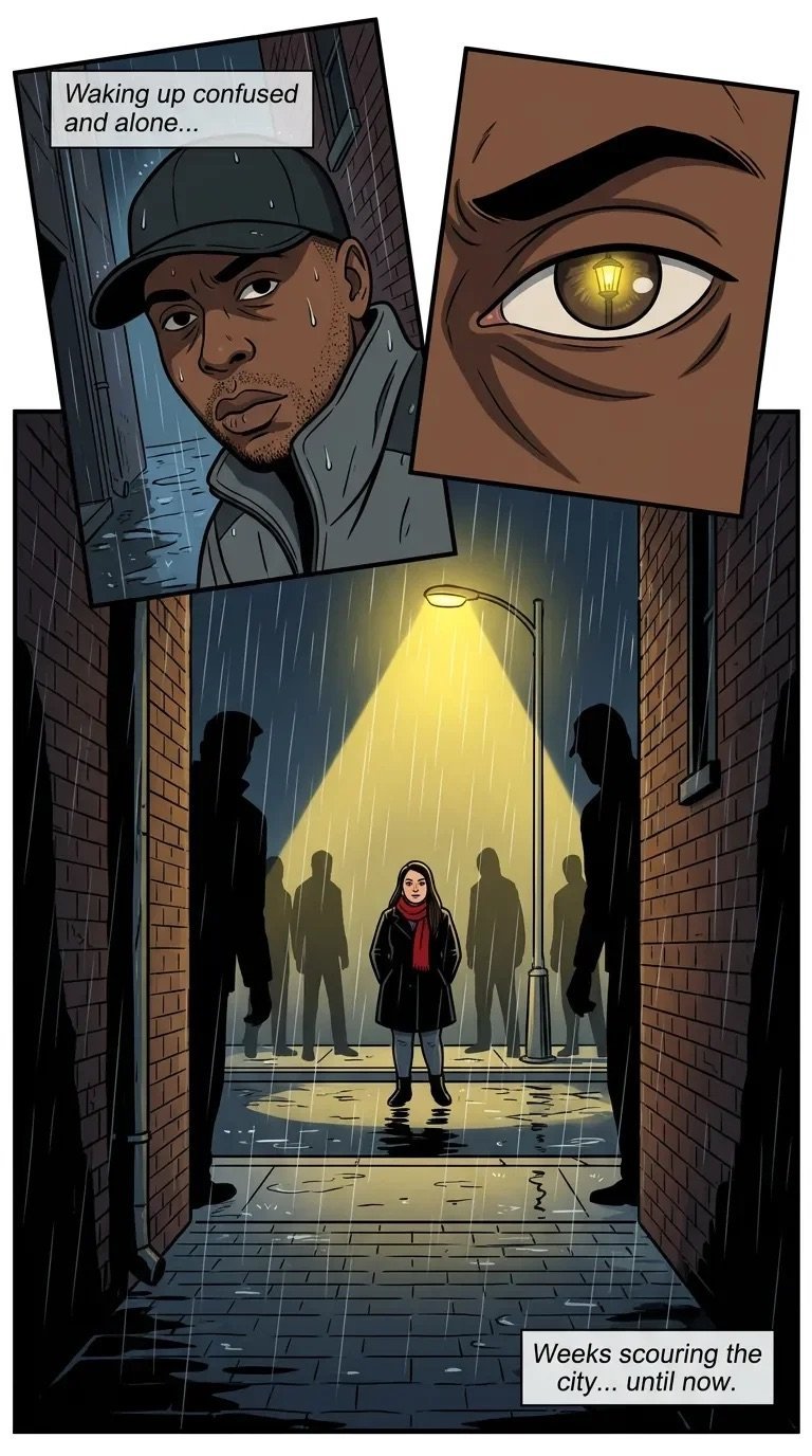 Comic panel showing a confused man waking up, close-up of an intense eye, and silhouettes of people under a street light with a person in red at center