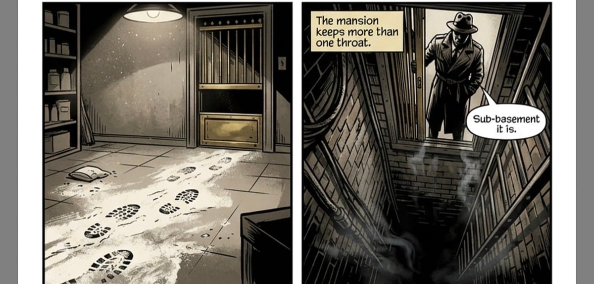 Comic panel showing a dark mansion room with footprints on the floor and a figure in a hallway with dialogue about the buildings threat