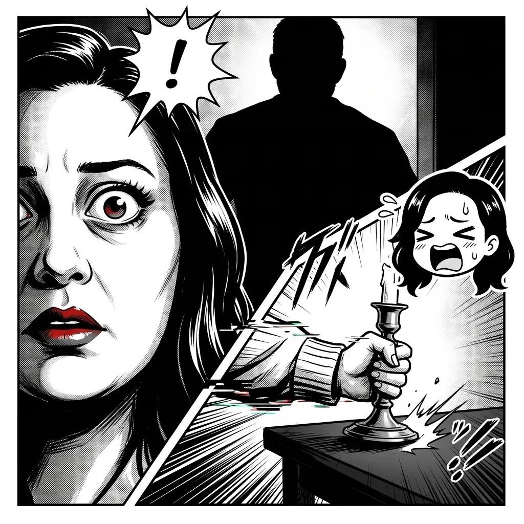 Black and white comic panel showing a frightened woman in foreground with a menacing silhouette and child holding candlestick in background