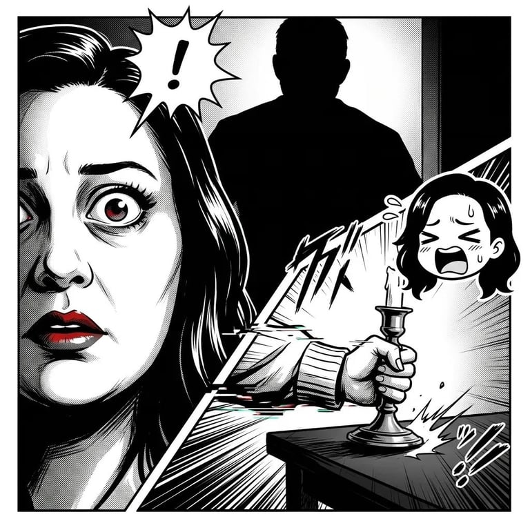 Black and white comic panel showing a frightened woman in foreground with a menacing silhouette and child holding candlestick in background