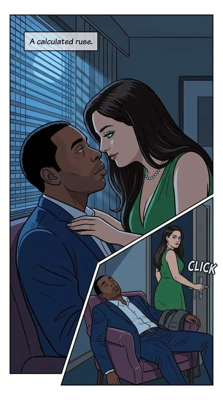 Comic panel showing two people in an intimate moment indoors with dialogue bubble reading A calculated ruse and a smaller inset panel showing a woman in a green dress
