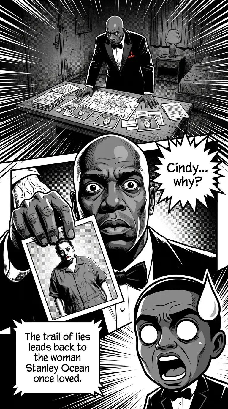 Black and white manga panel showing three men in suits examining money and a photograph, with dialogue about lies and a woman named Cindy