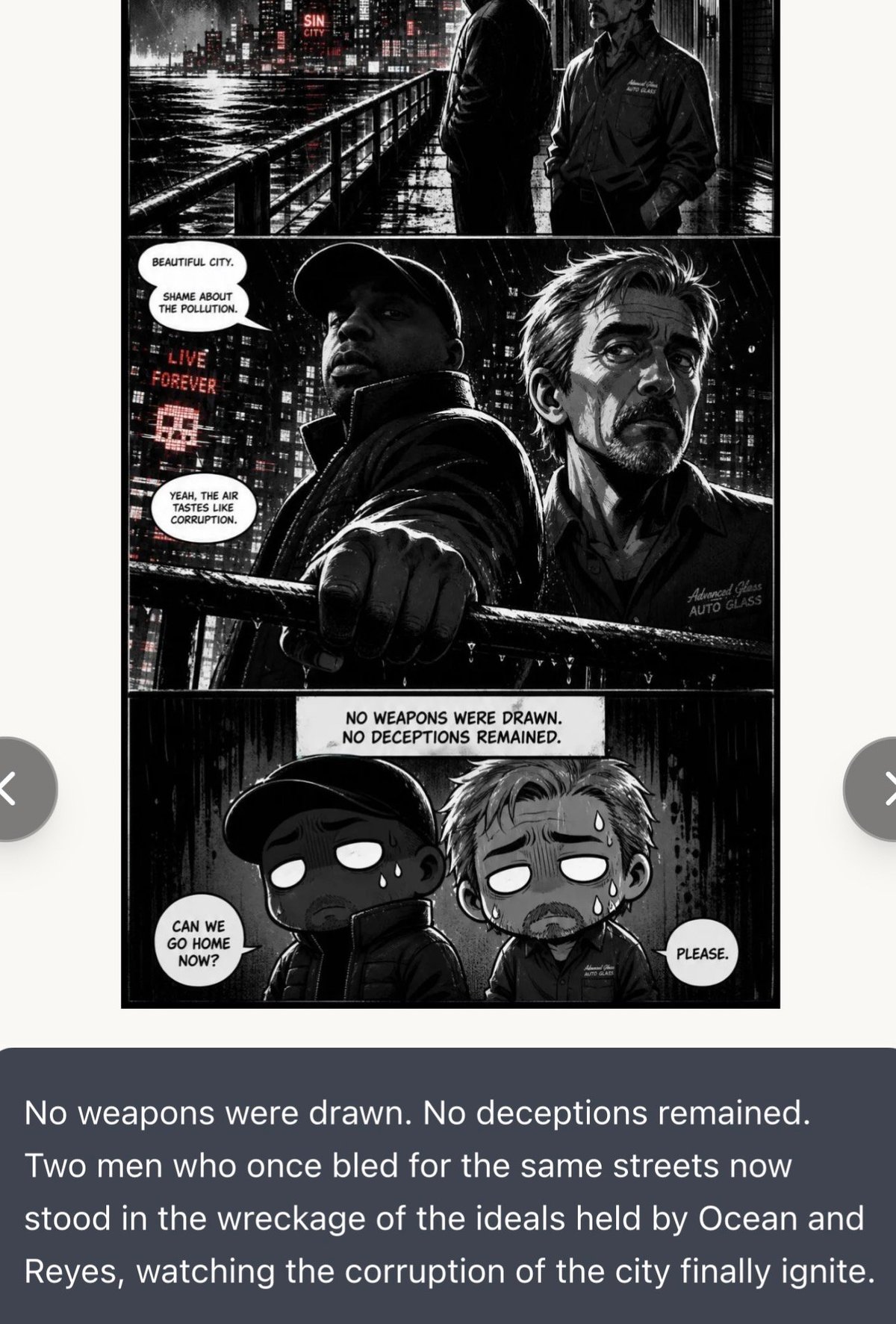 Black and white comic panel showing two men on a city rooftop at night, followed by chibi-style versions of the same characters. Caption reads: No weapons were drawn. No deceptions remained.