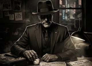 Film noir detective in fedora and suit sitting at desk holding pocket watch in moody office setting