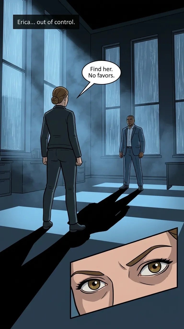 Animated comic panel: woman in business suit faces man in office saying Find her. No favors. Close-up of womans determined eyes below