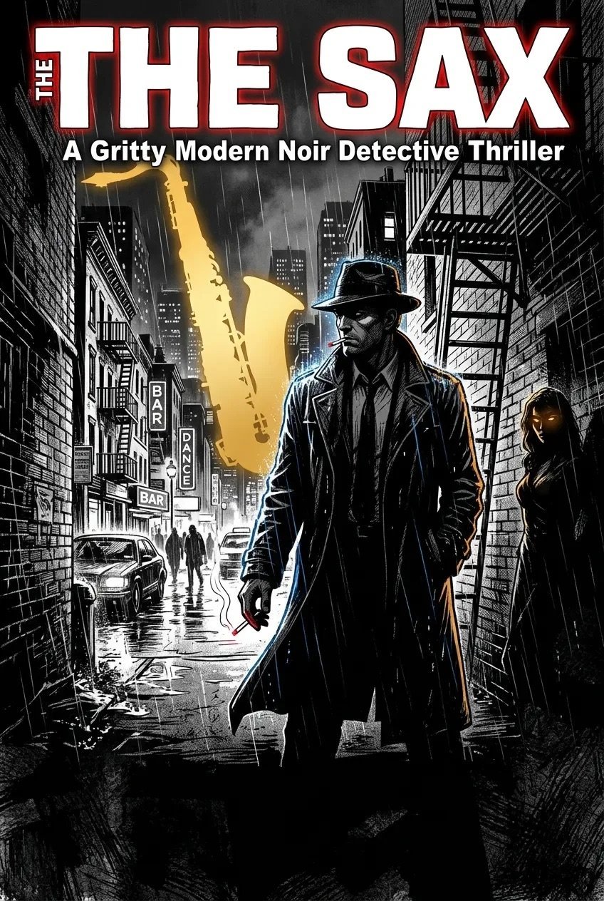Movie poster for The Sax, a noir detective thriller, featuring a suited man in a fedora standing in a rain-wet alley with a saxophone silhouette