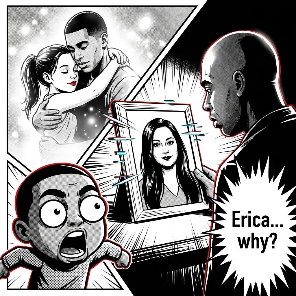 Black and white comic panel showing a man looking shocked asking Erica... why? while images of a couple and woman appear above