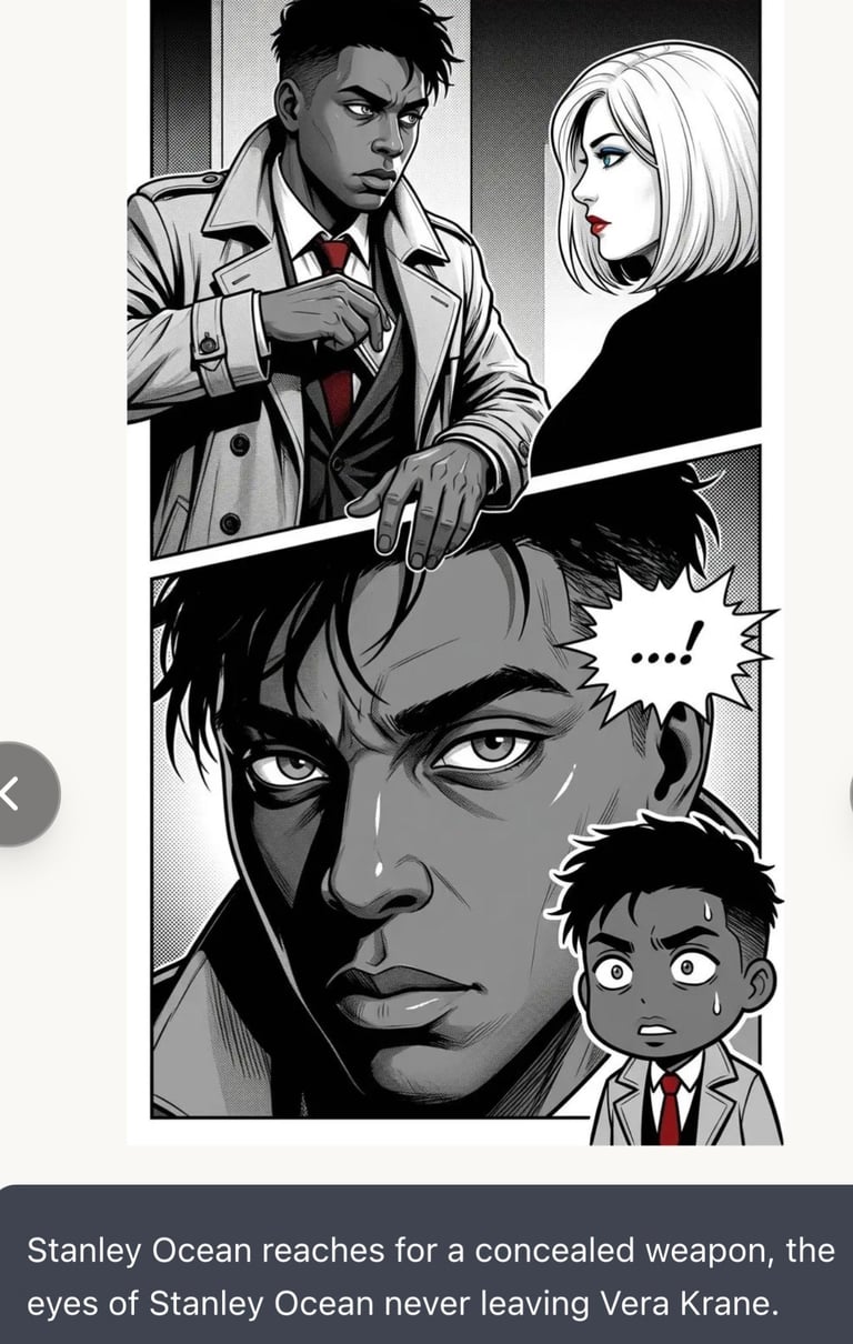 Black and white manga panel showing a man in a coat reaching for a weapon while a woman watches, with close-up character faces below