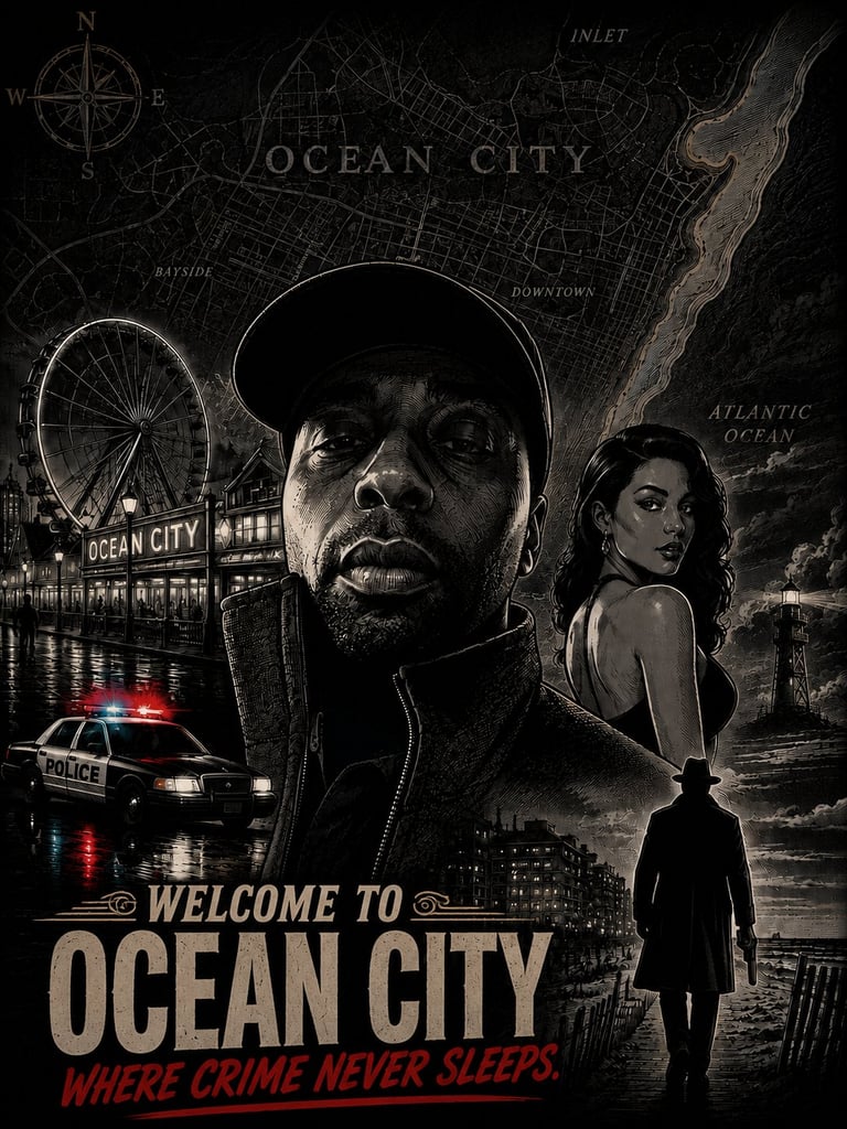 Movie poster for Welcome to Ocean City featuring noir-style imagery of a man in a cap, woman, silhouetted figure, police car, and city map on dark background