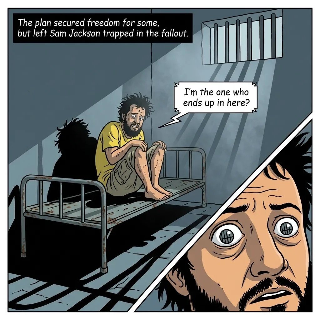 Comic panel showing a man in a prison cell on a bed speaking Im the one who ends up in here?, with a shadowy figure and narration about a failed escape plan