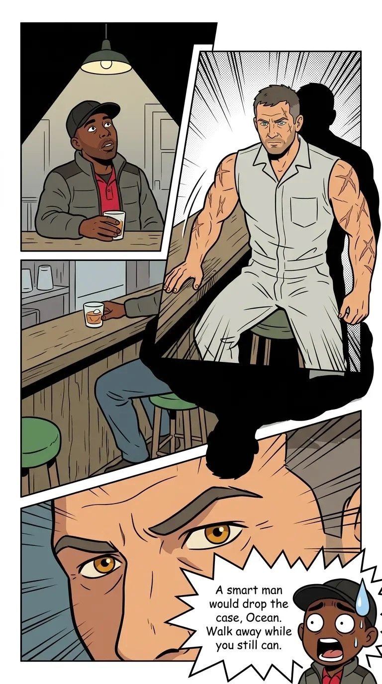 Comic book panel showing three men in different scenes: one under interrogation, one muscular figure, and a close-up of a face with text about dropping a case