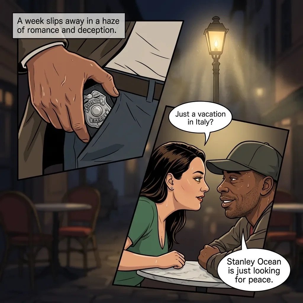Comic panel showing a detective and woman at a table with speech bubbles, accompanied by a close-up of a hand holding a police badge