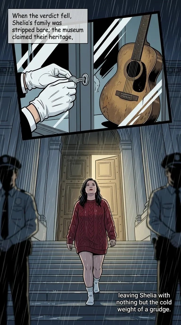 Comic panel showing a woman in burgundy sweater walking down museum steps in rain. Above panels depict hands stripping a guitar from museum display, symbolizing lost family heritage.