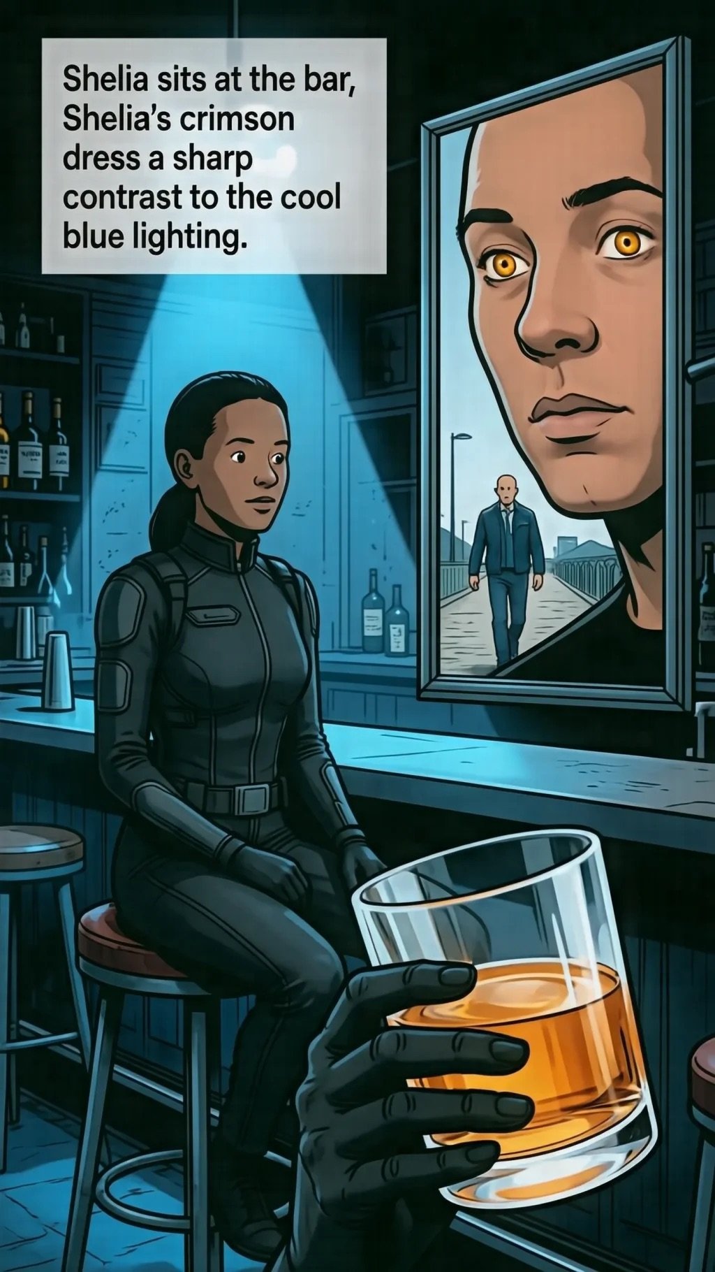 Illustrated scene of a woman in black tactical gear sitting at a bar holding a glass of amber liquid, with cool blue lighting and a large portrait visible on the wall behind her.