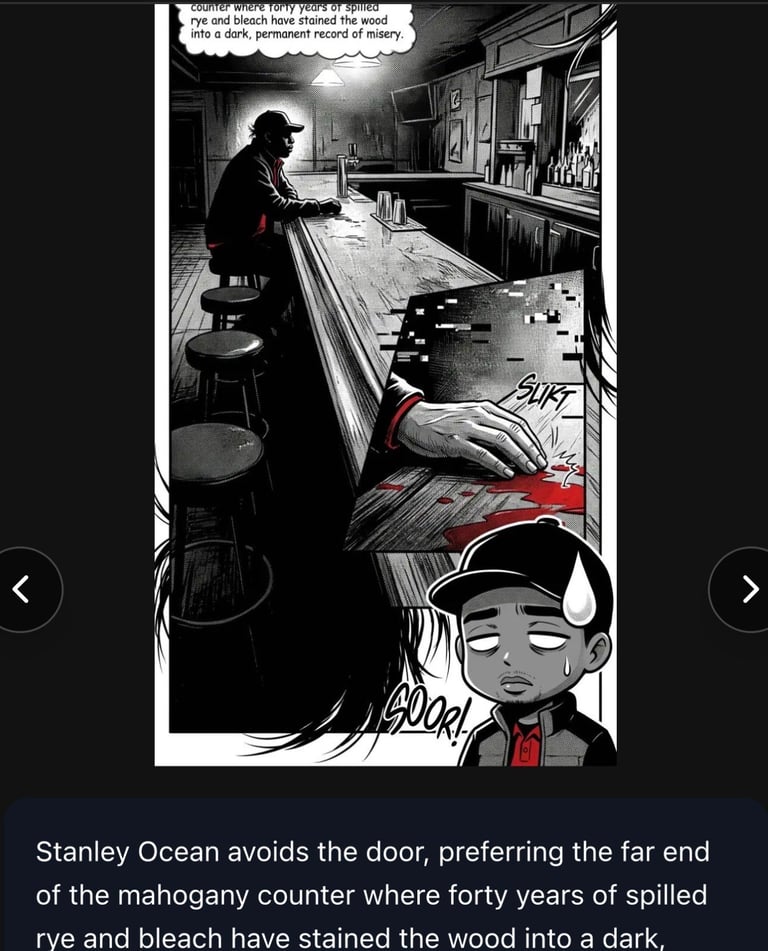 Black and white comic panel showing a man at a dark bar counter with dialogue about avoiding the door and stained mahogany wood